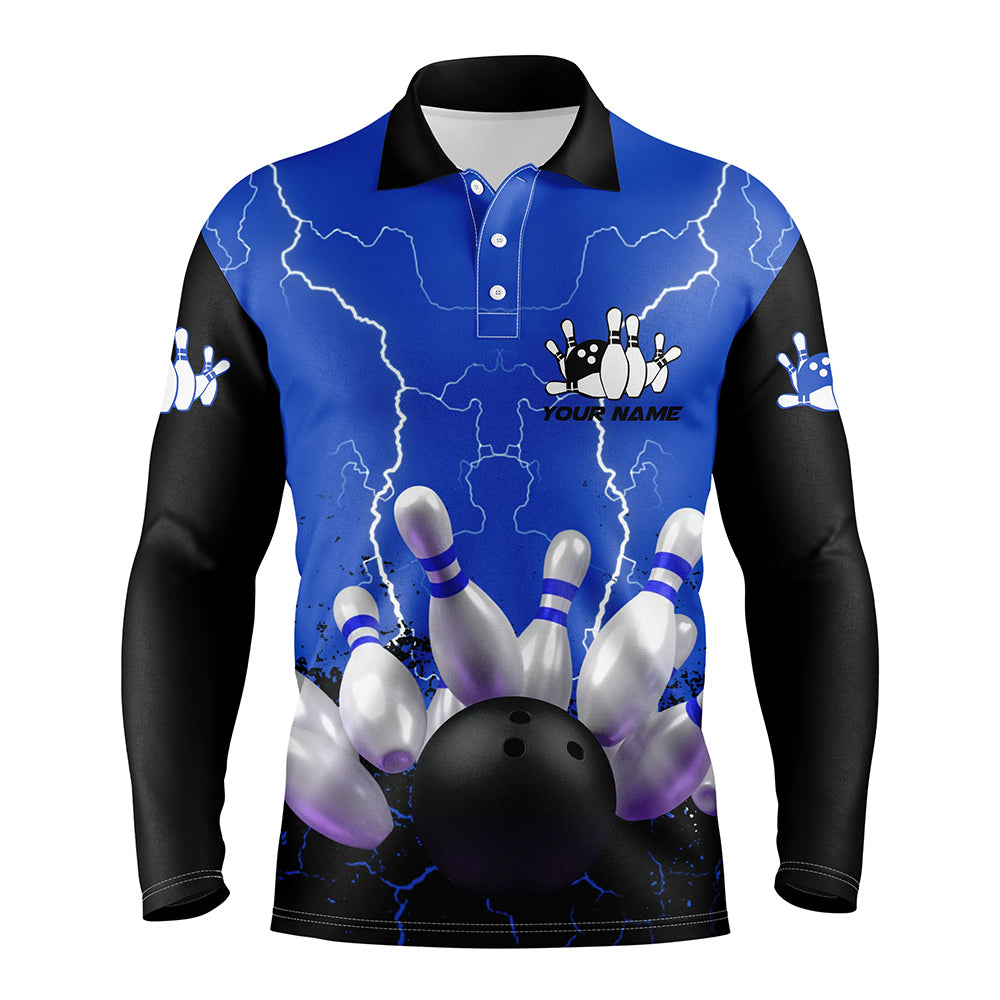 Blue Lightning Men Long Sleeve Polo Bowling Shirts/ Personalized Men''s Bowling Jerseys/ Bowling Team Jerseys