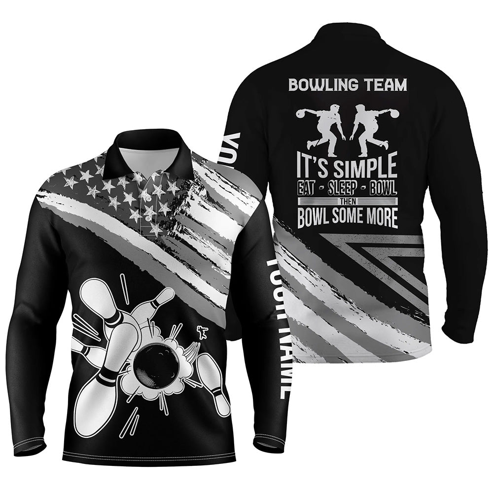 Black American Flag Retro Men''s Bowling Long Sleeve Polo Shirt Custom Team Bowling Outfits Eat Sleep Bowl