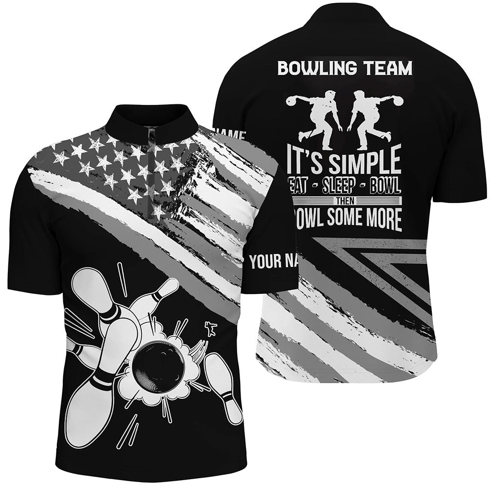 Black American flag retro Men''s Bowling Shirt Quarter-Zip Custom team bowling outfits eat sleep bowl