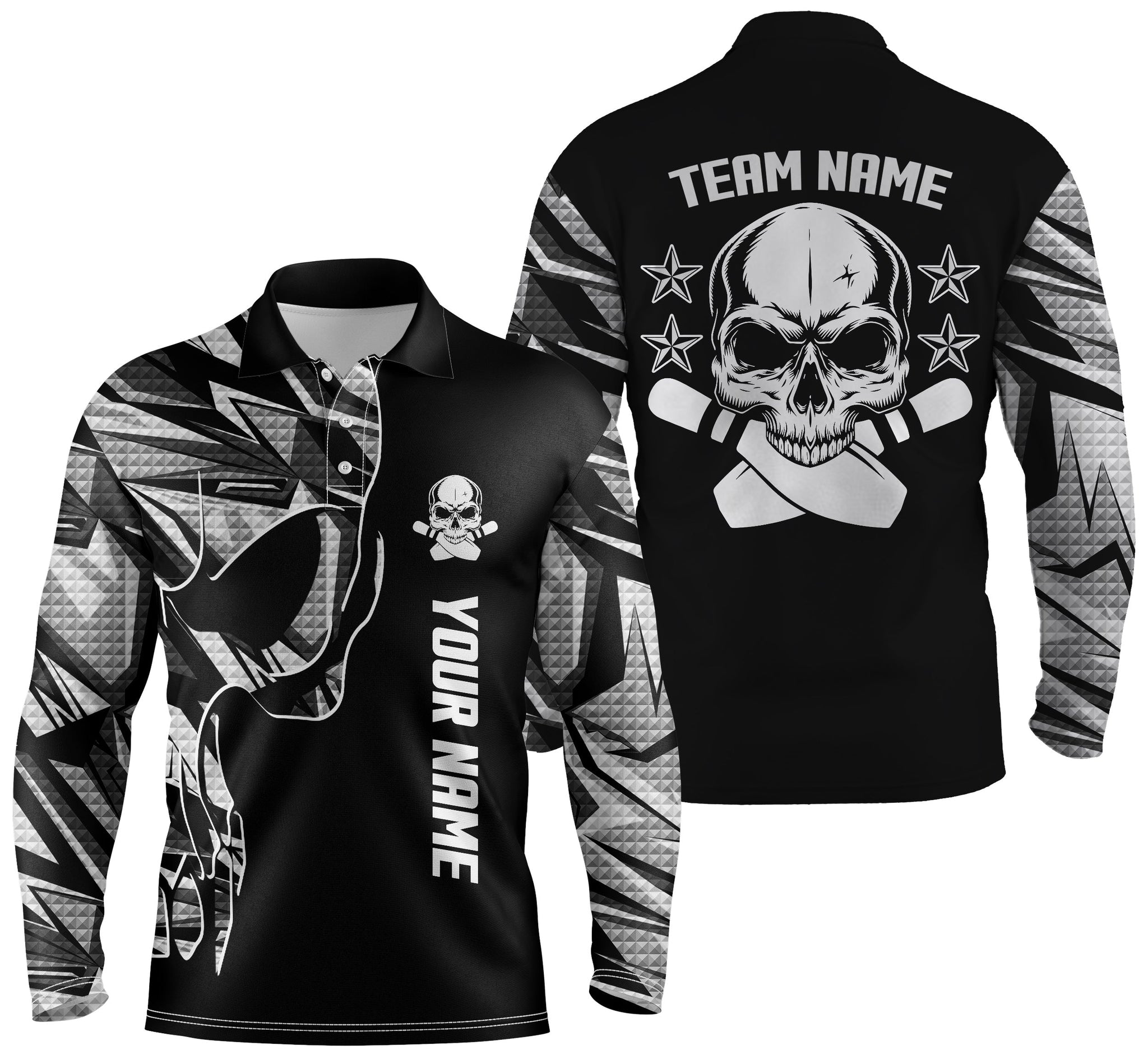 Multi Color Bowling Long Sleeve Polo Shirts For Men Custom Name And Team Name Skull Bowling/ Team Bowling Shirts