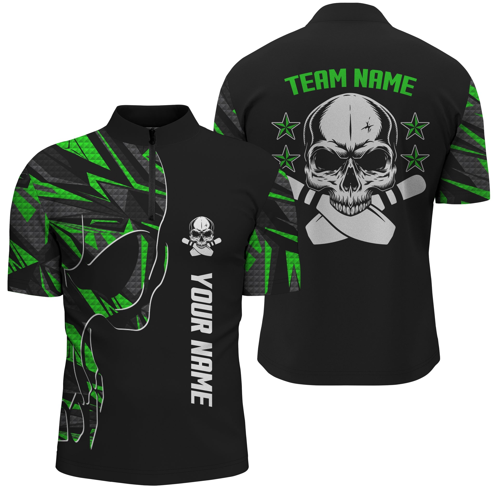 Multi Color Bowling Quarter Zip shirts for men custom name and team name Skull Bowling/ team bowling shirts