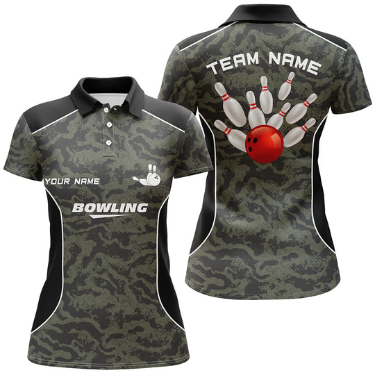 Women Bowling Sleeveless Polo Shirts Custom Bowling Ball And Pins Camo Bowling Team Jersey For Women