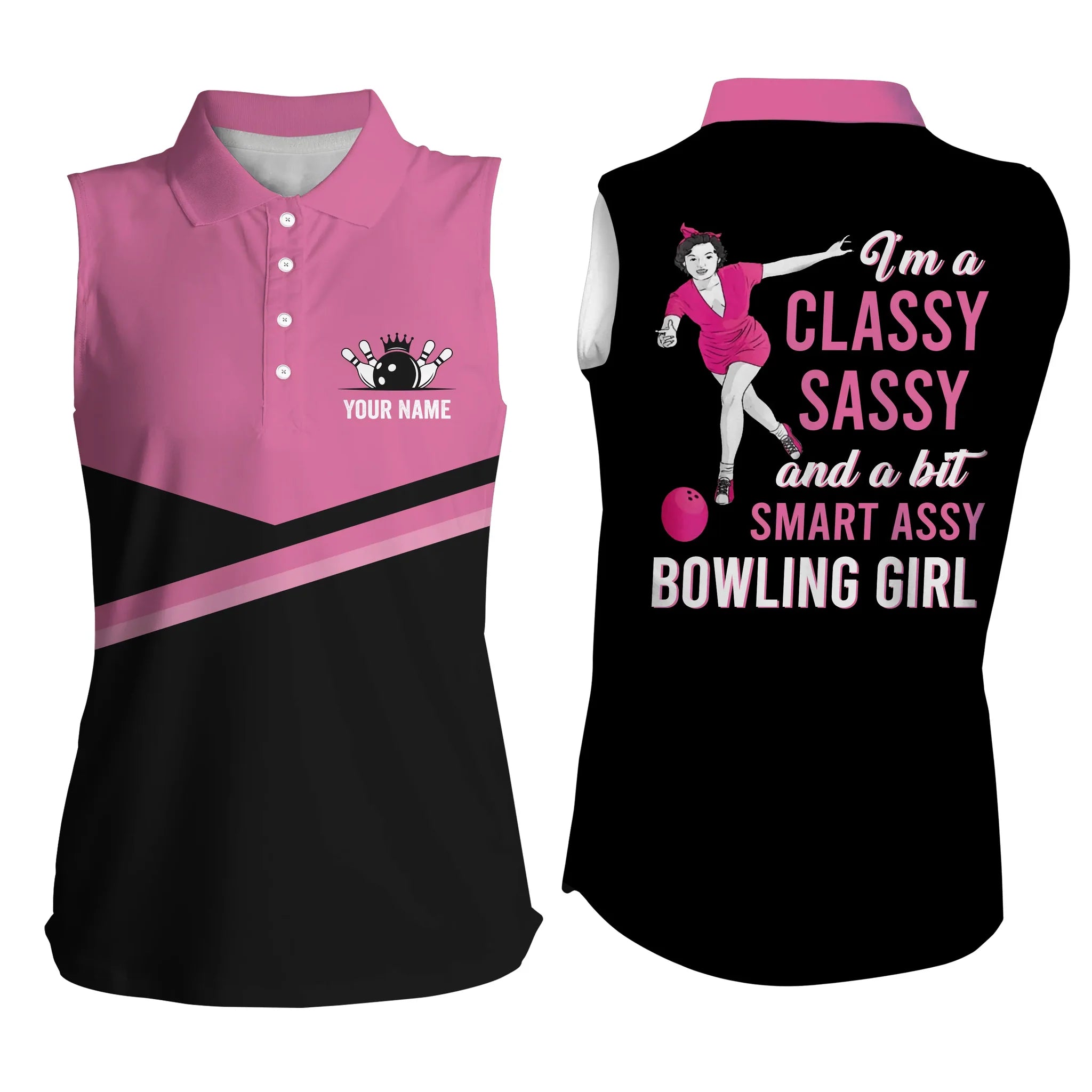 Custom Black Pink Bowling Sleeveless Polo Shirts I''M A Classy Sassy And A Bit Smart Assy Bowling Girl