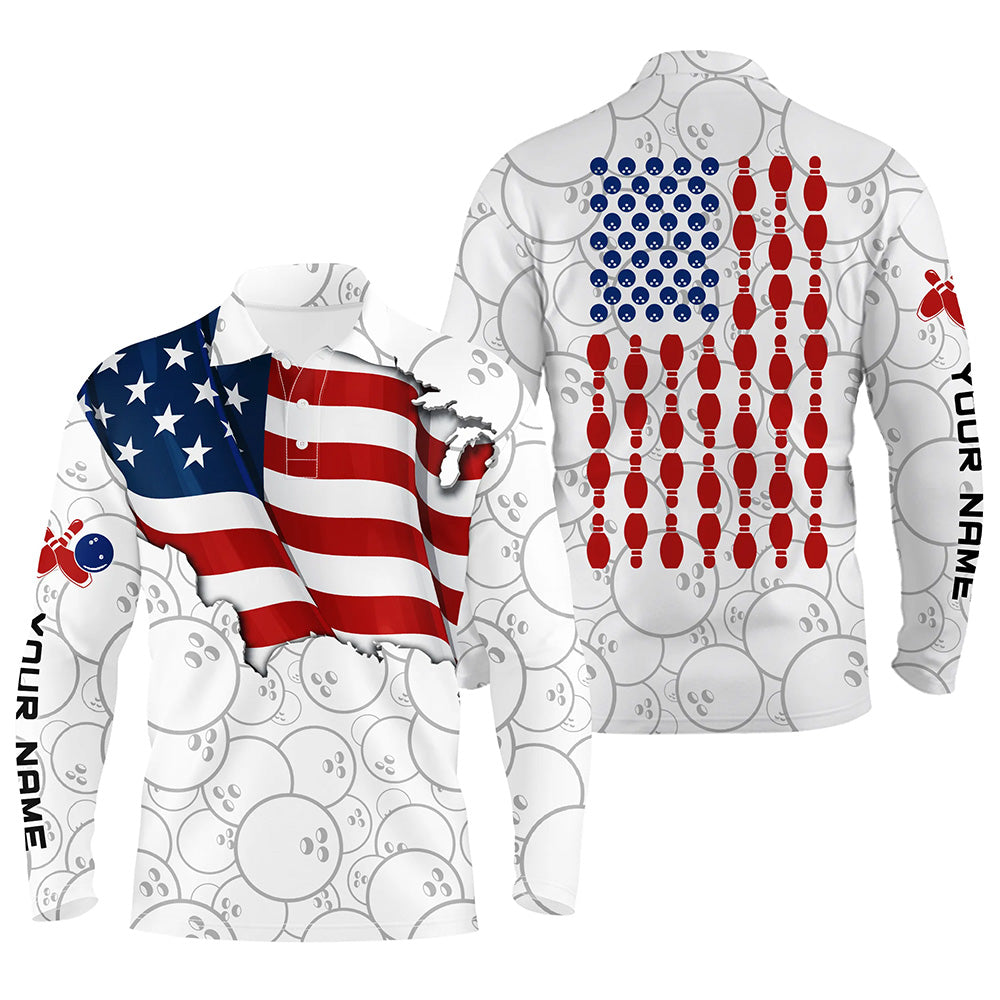 American Flag Bowling Shirt for Men Custom Bowling Jersey for Team Patriots Bowlers Long Sleeve Polo Shirt