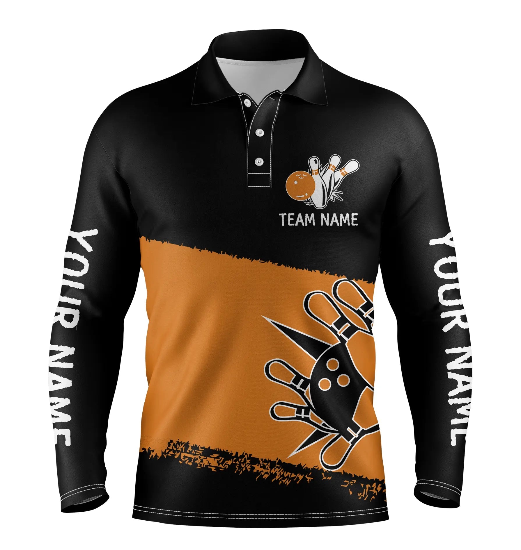 Black Orange Bowling Balls And Pins Custom Team Bowling Long Sleeve Polo Shirts For Men/ Team Bowling Jerseys