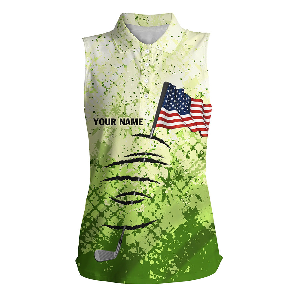 Personalized green camo sleeveless polo shirt for women American flag 4th July custom golfing gifts