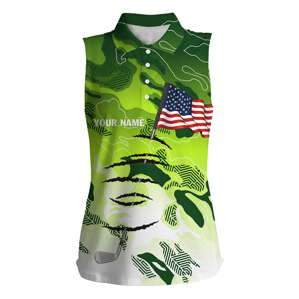 Personalized green camo sleeveless polo shirt for women American flag 4th July custom golfing gifts