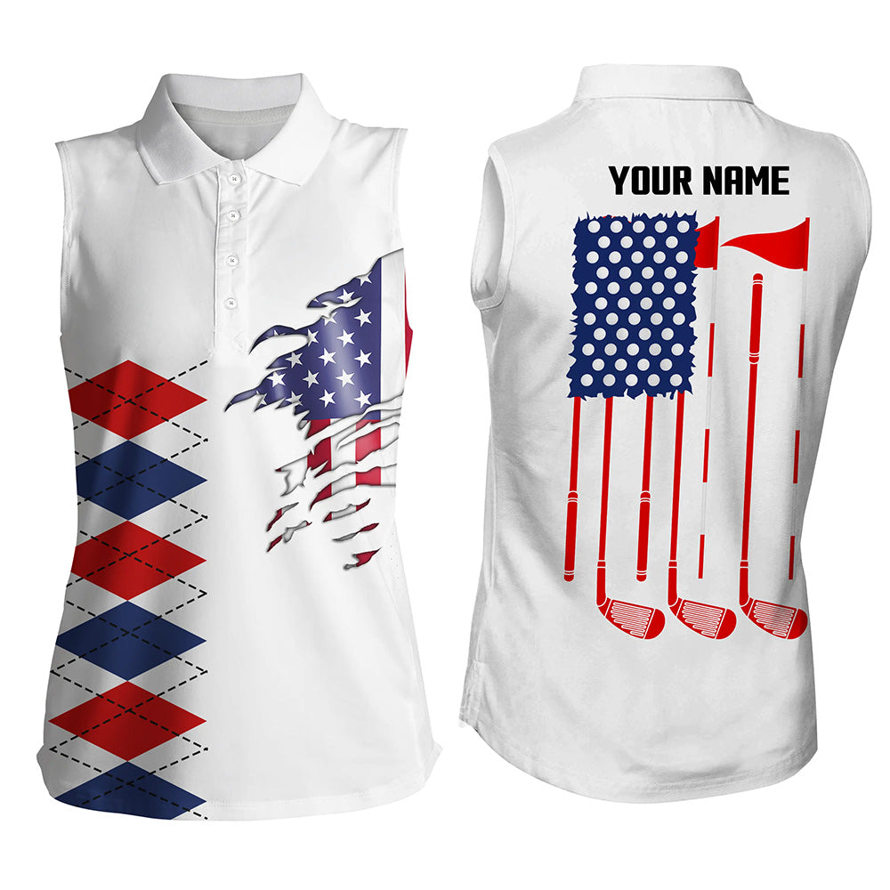 Personalized white sleeveless polo shirt for women American flag 4th July custom ladies golf tops