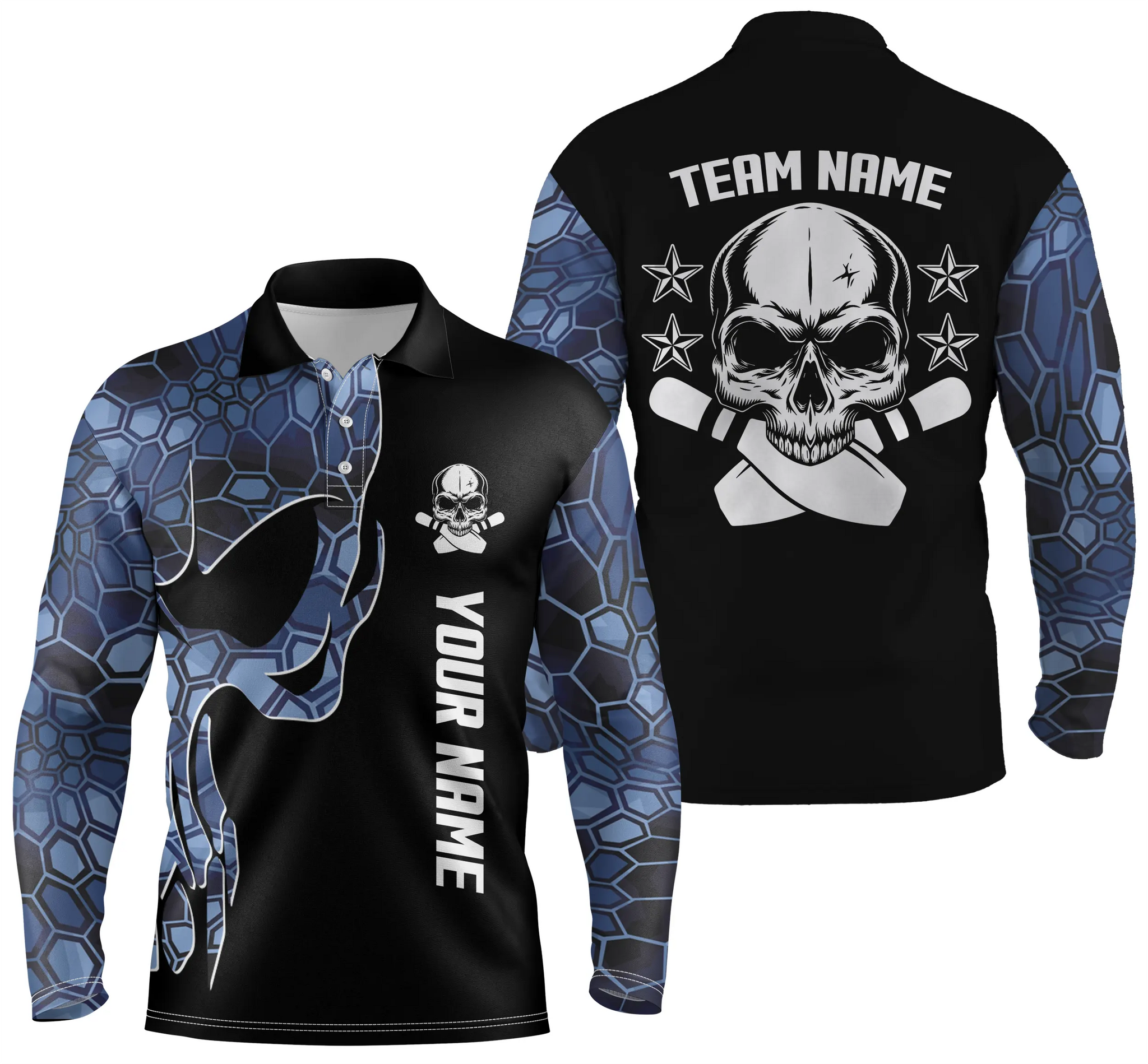 Blue Camo Black Bowling Long Sleeve Polo Shirts For Men Custom Team Name Skull Bowling/ Team Bowling Shirts