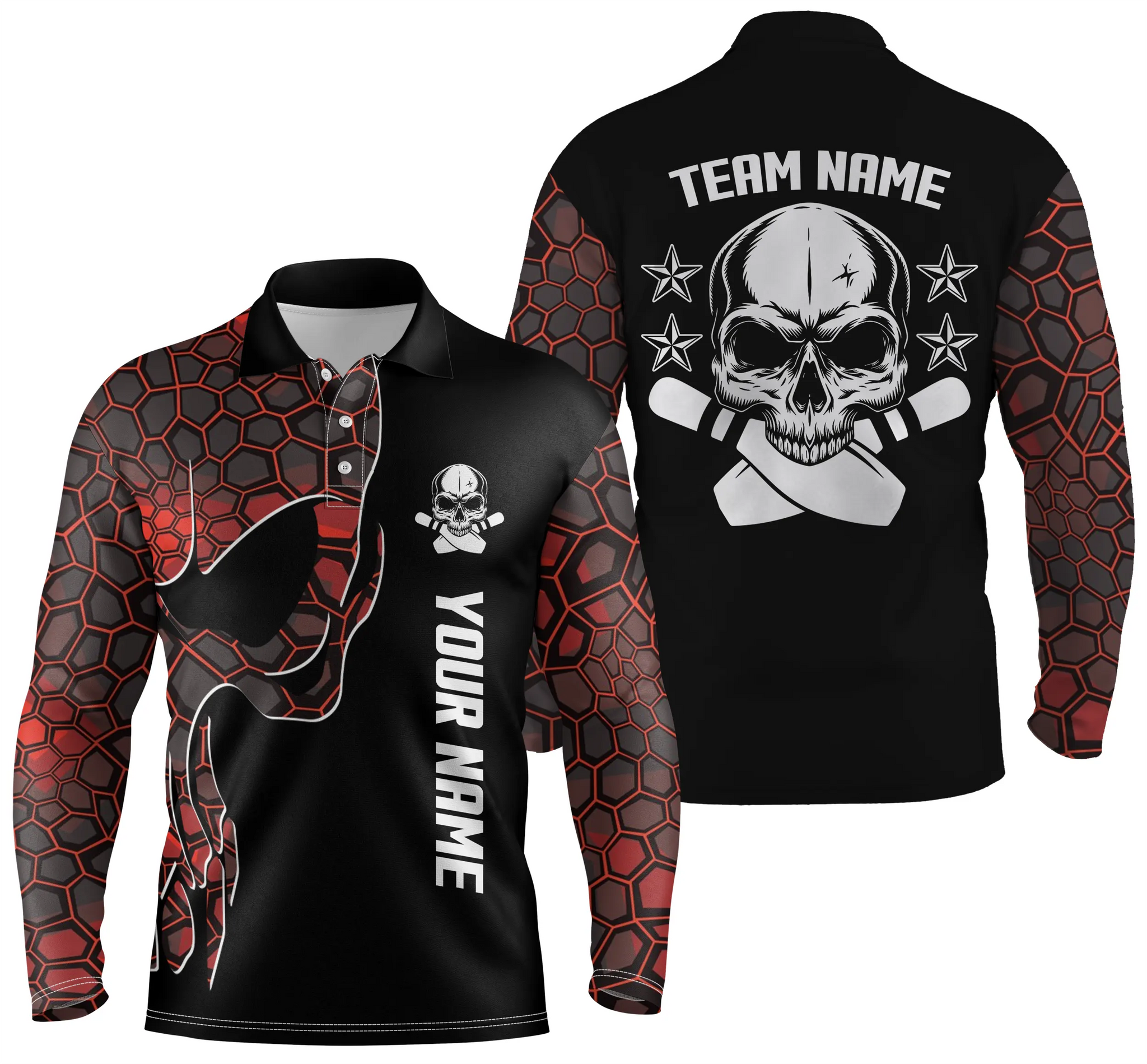 Red Camo Black Bowling Long Sleeve Polo Shirts For Men Custom Team Name Skull Bowling/ Team Bowling Shirts