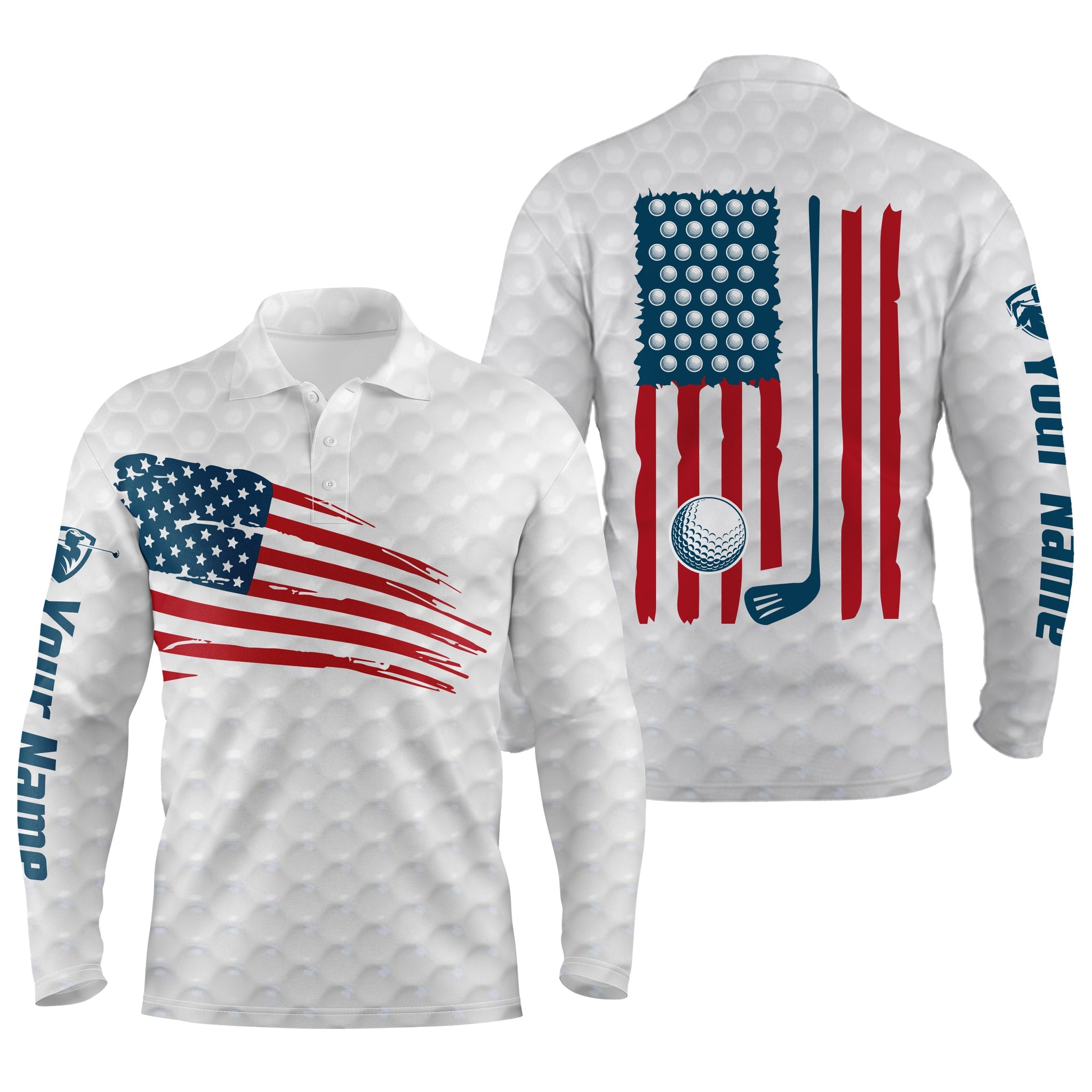 Personalized White Golf Long Sleeve Polos Shirt For Men American Flag 4Th July Custom Name Gifts For Golf Lovers