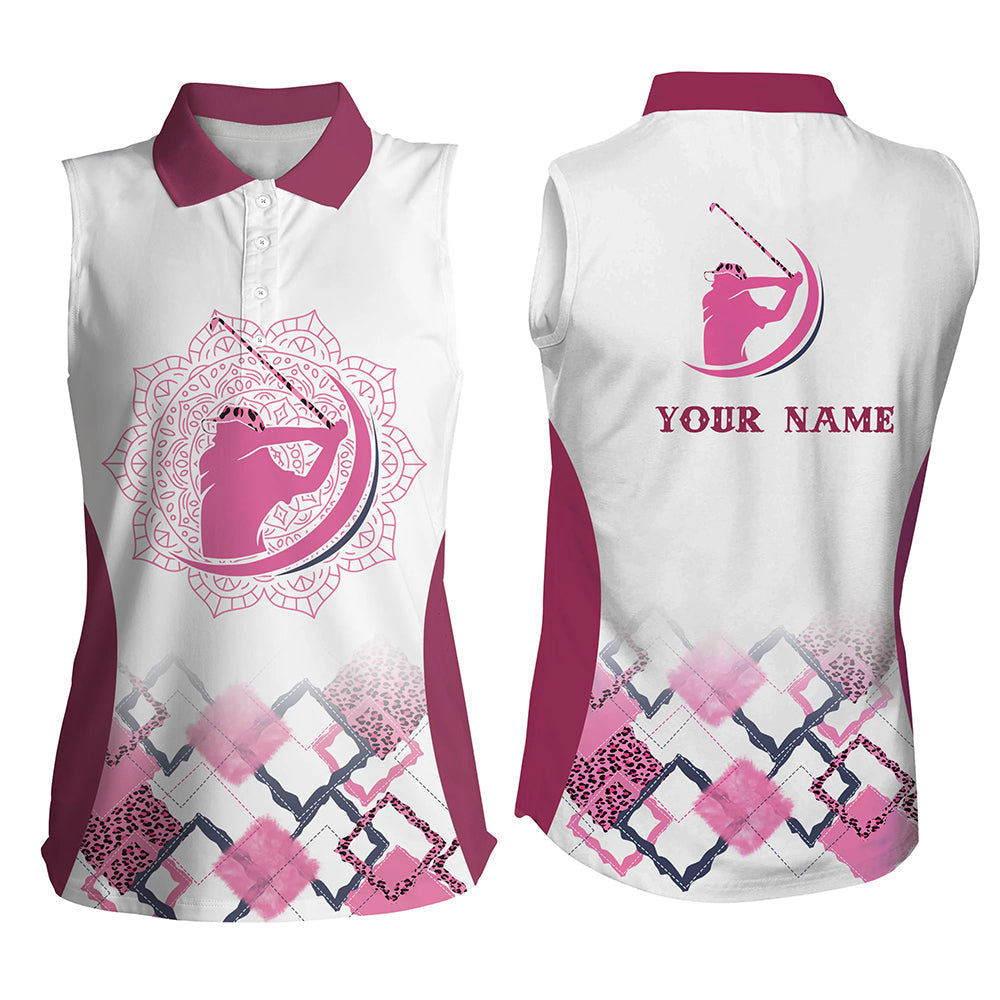 Pink leopard mandala pattern Women sleeveless polo shirt custom womens golf tanks tops for ladies