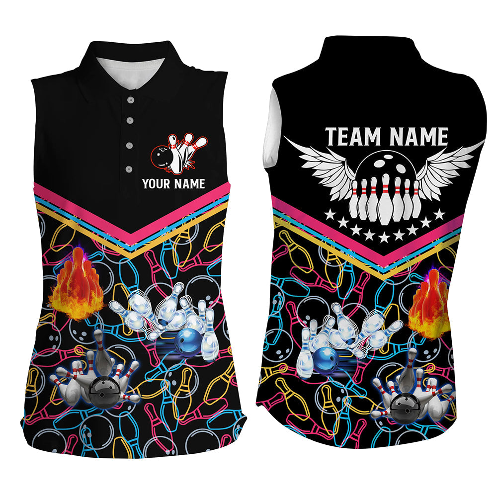Multicolor Pattern Black Bowling Sleeveless Polo Shirts For Women/ Custom Team Bowling Jerseys