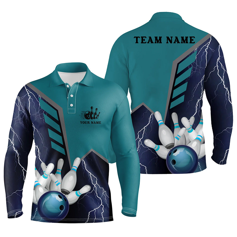 Blue Lightning Men''s Bowling Long Sleeve Polo Shirt Custom Name Mens Bowlers Jersey/ Team Bowling Gifts