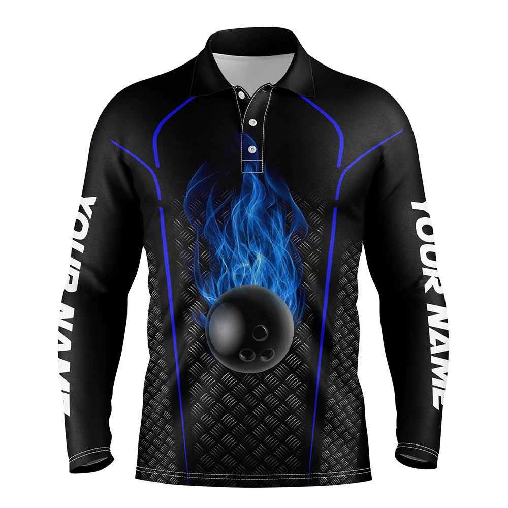 Bowling Shirt For Men Custom Long Sleeve Polo Bowling Jersey 3D Bowling Team Shirt For Men Black Blue