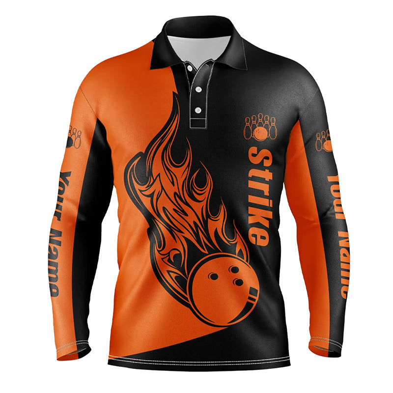 Custom Black and Orange Bowling Long Sleeve Polo Shirts For Men/ Bowling Team Shirts Bowling Strike