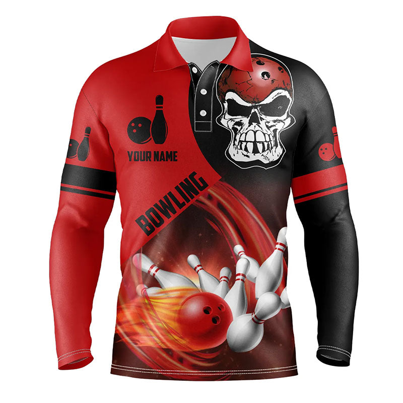 Red And Black Bowling Ball And Pins Mens Bowling Long Sleeve Polo Shirts Custom Skull Bowling Team Jerseys