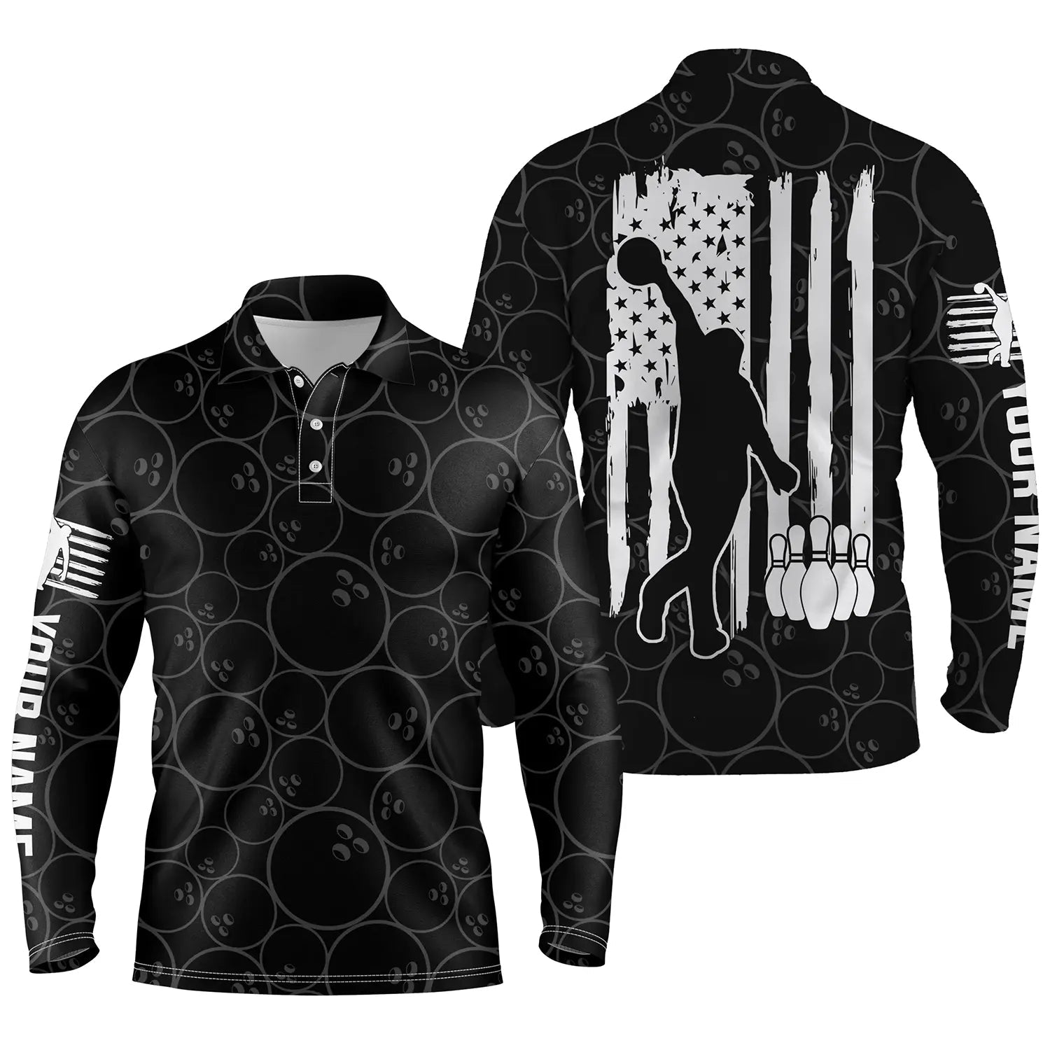 American Flag Patriotic Black Bowling Pattern Custom Bowling Long Sleeve Polo Shirts For Men/ Team Bowling Jerseys