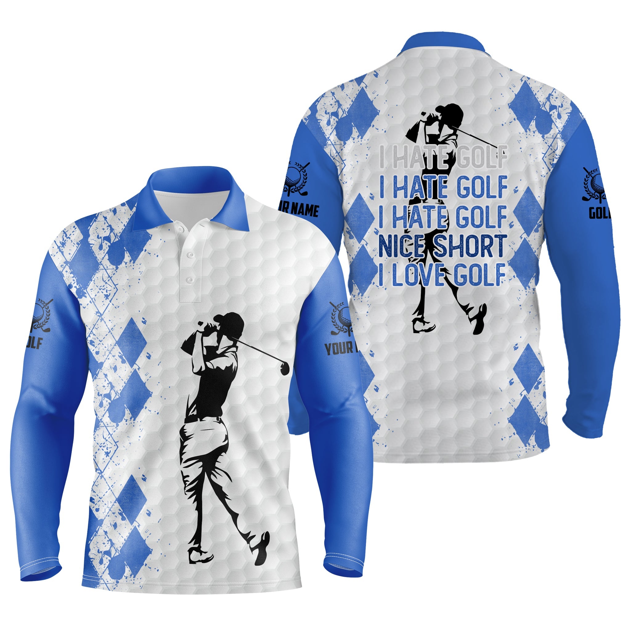 Men Golf Long Sleeve Polo Shirts Blue Golf Skull I Hate Golf Nice Shot I Love Golf Custom White Golf Polo Shirts