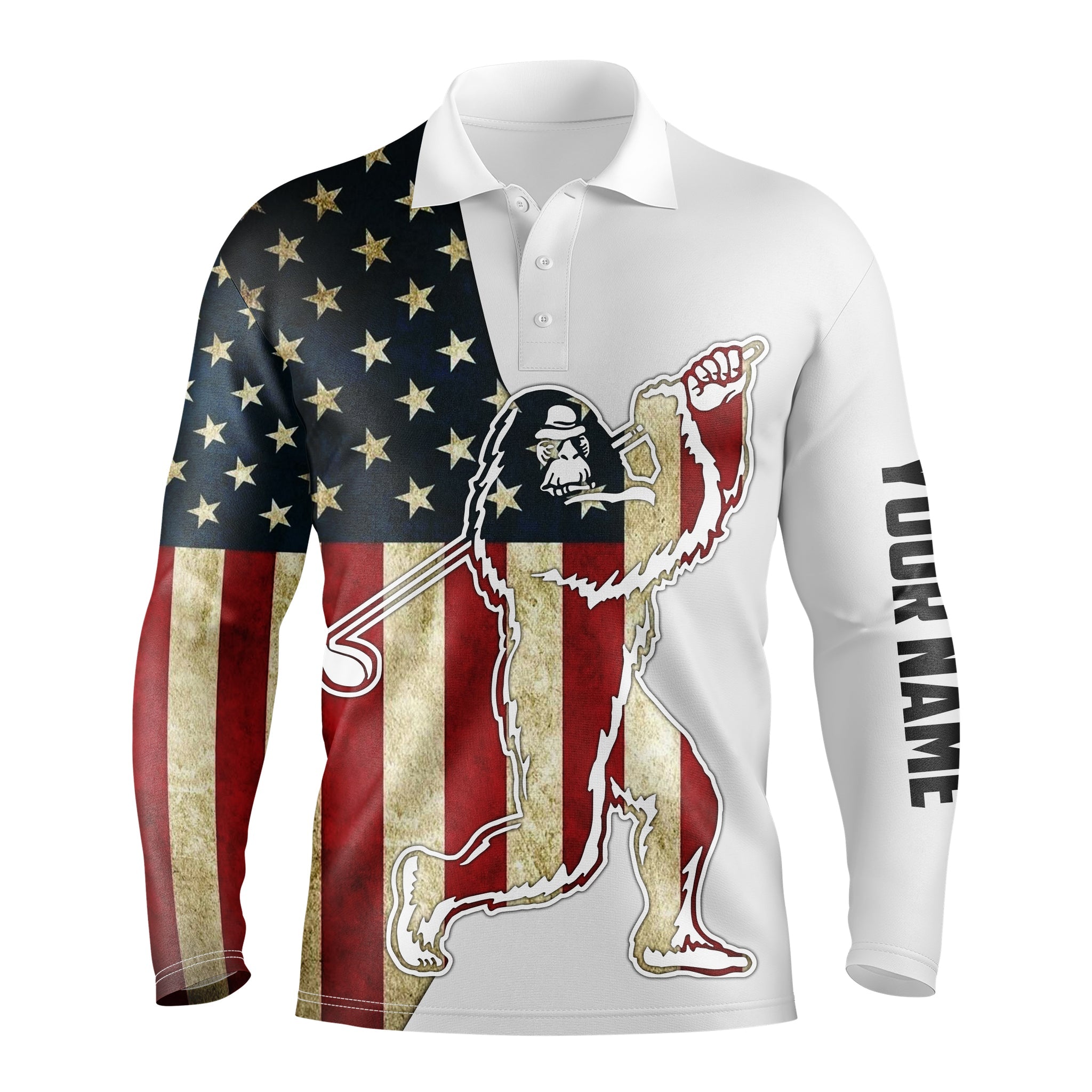 American Flag Bigfoot Mens Golf Long Sleeve Polo Shirt Custom Name Patriotic Unique Golf Gift Ideas For Him