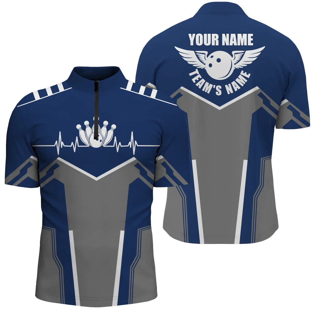 Bowling shirts for men custom name/ team name Bowling Ball & Pins men Quarter Zip shirt Navy Blue