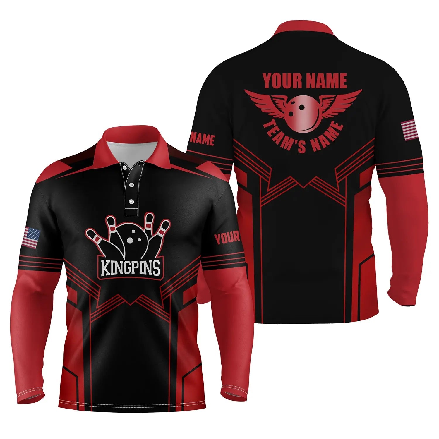 Red And Black Bowling Long Sleeve Polo Shirts For Men Custom Name And Team Name Bowling Polo Team Shirts