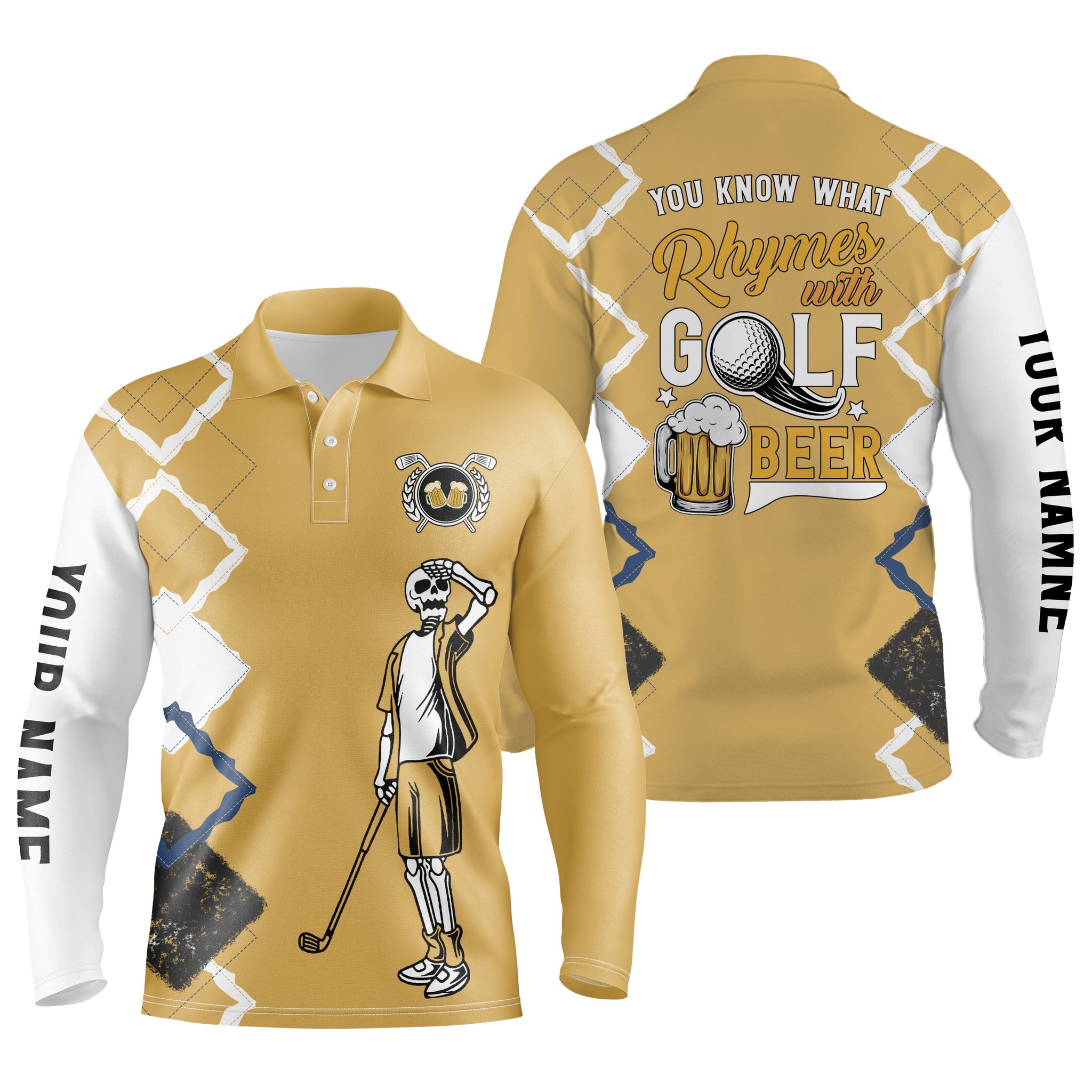 Funny Golf Skull Long Sleeve Polo Shirts You Know What Rhymes With Golf Beer Custom Name Golf Performance Shirts