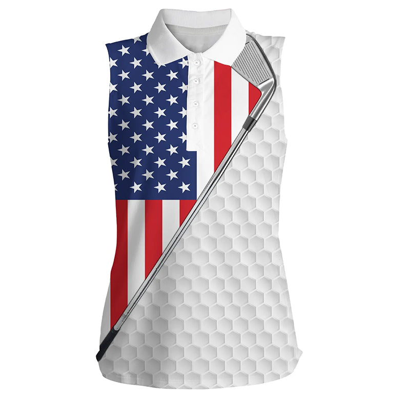 American flag white Women sleeveless polo shirt golf clubs patriotic golf shirt for women