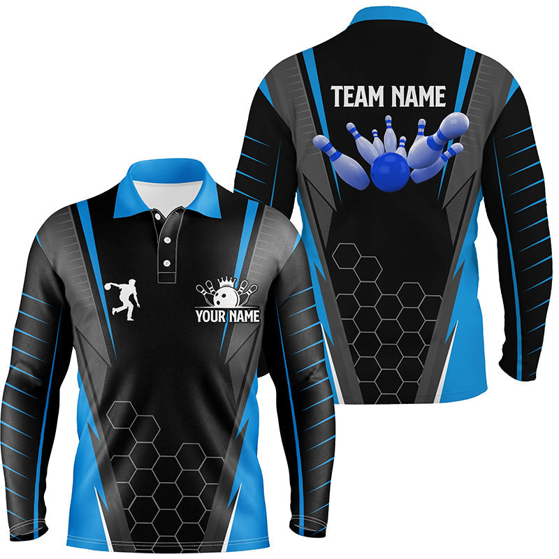 Black And Blue Pattern Bowling Long Sleeve Polo Shirts For Men/ Custom Team Bowling Jerseys For Men Bowlers