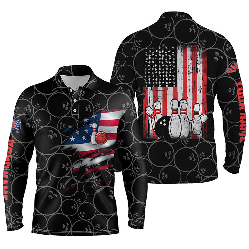 Black Bowling Long Sleeve Polo Shirts For Men Custom Name Vintage American Flag Bowling Jerseys/ Super Bowl Shirts