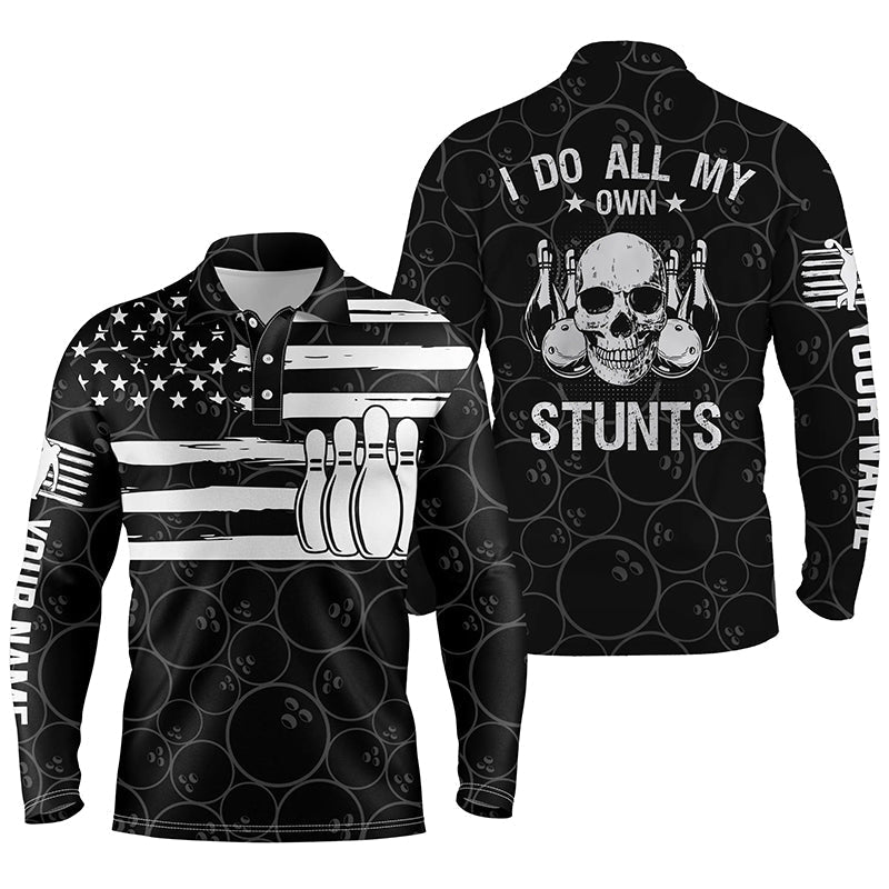 Black Mens Long Sleeve Polo Bowling Shirts Custom American Flag Patriotic I Do All My Own Stunts Skull Jerseys
