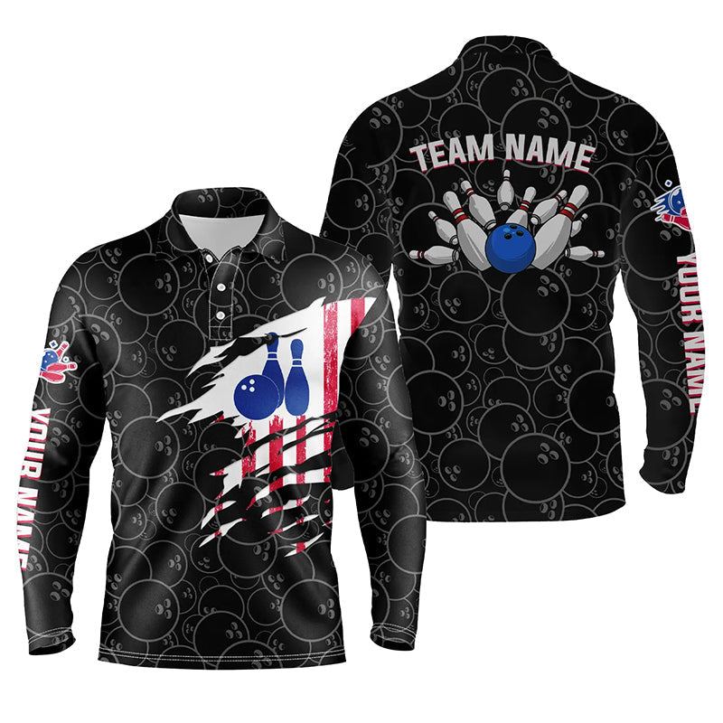 Bowling Long Sleeve Polo Shirt Men Bowling Jerseys Personalized American Flag Black Pattern Bowling Team Shirt