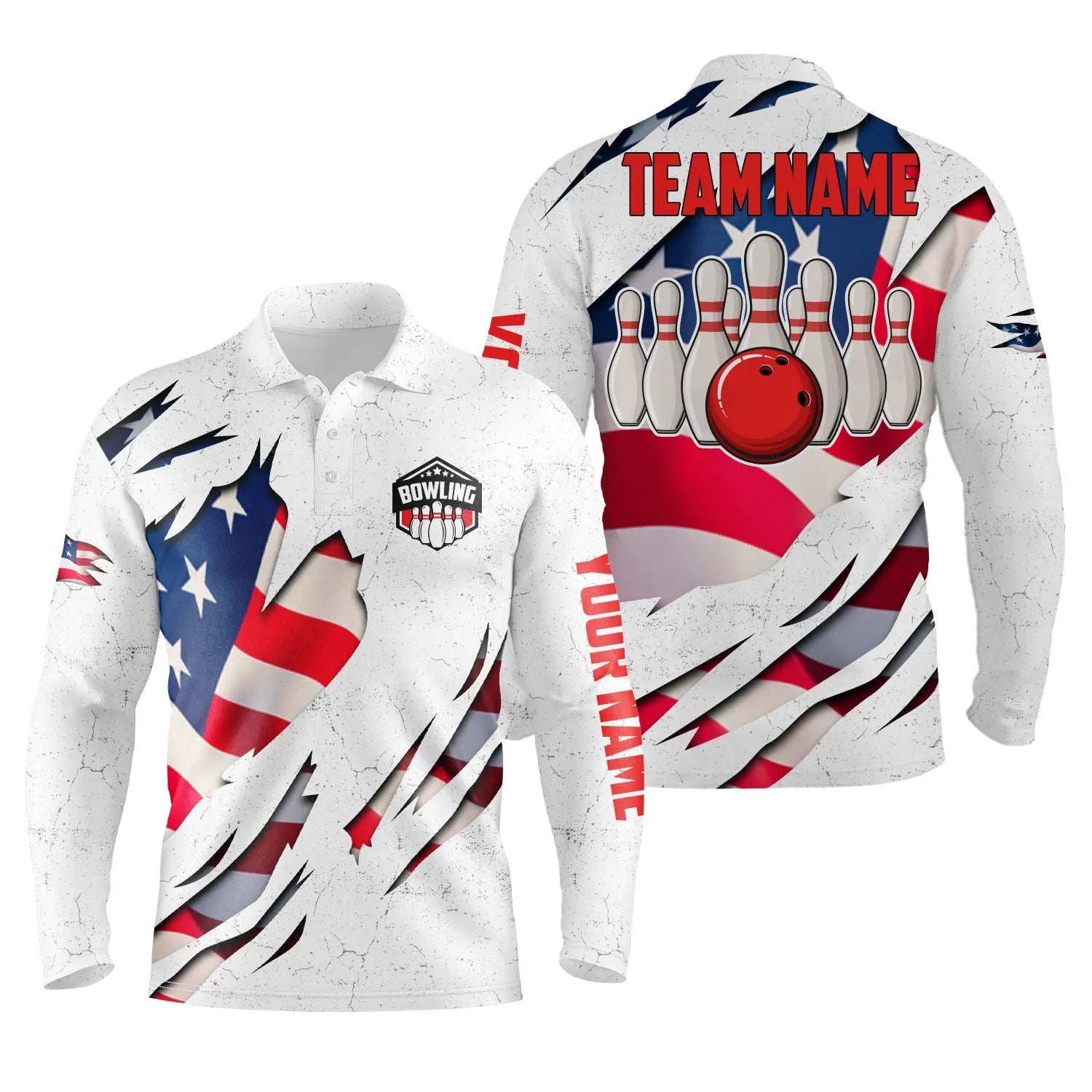 Custom Bowling Shirts For Men American Flag Patriotic Bowling Ball & Pins White Mens Long Sleeve Polo Shirts