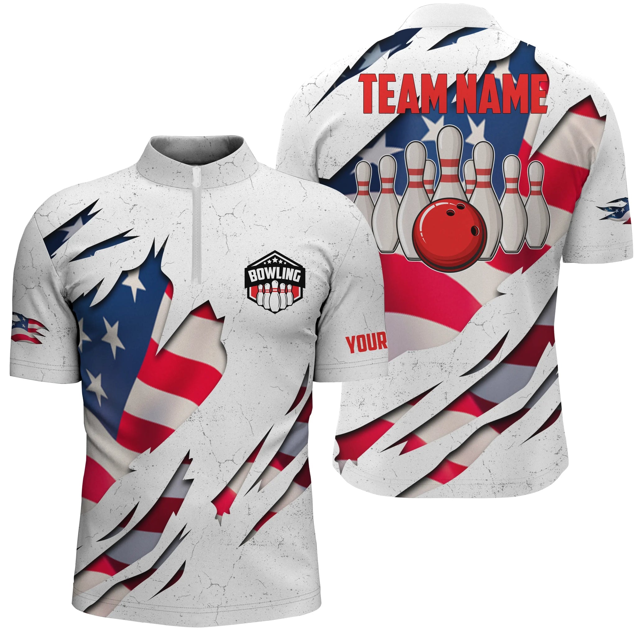 Custom Bowling shirts for men American flag patriotic Bowling Ball & Pins men Quarter Zip shirt