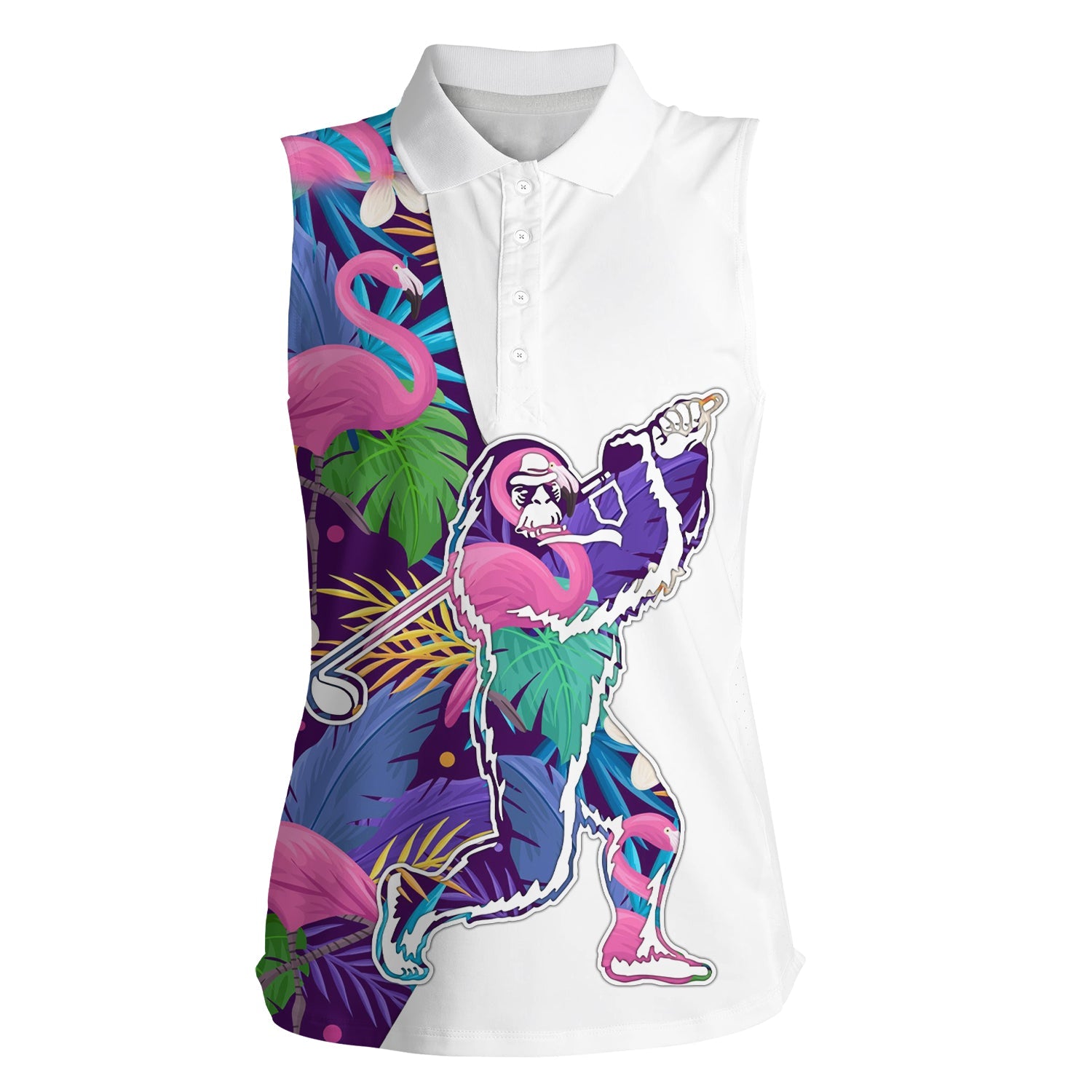Bigfoot womens sleeveless golf polo shirt colorful tropical flamingo sasquatch playing golf apparel