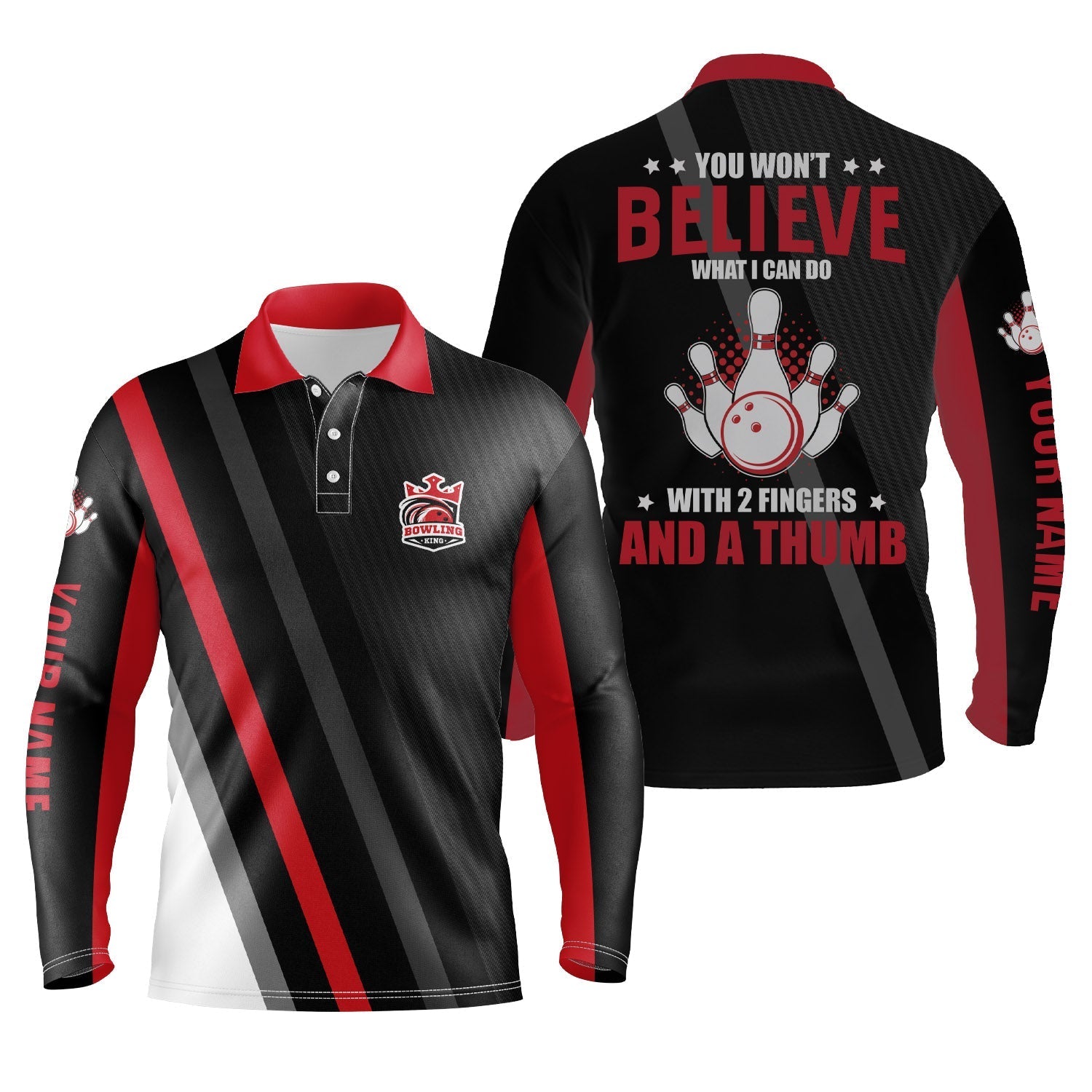 Red & Black Mens Long Sleeve Polo Bowling Shirts Custom You Won''t Believe What I Can Do With 2 Fingers And A Thumb