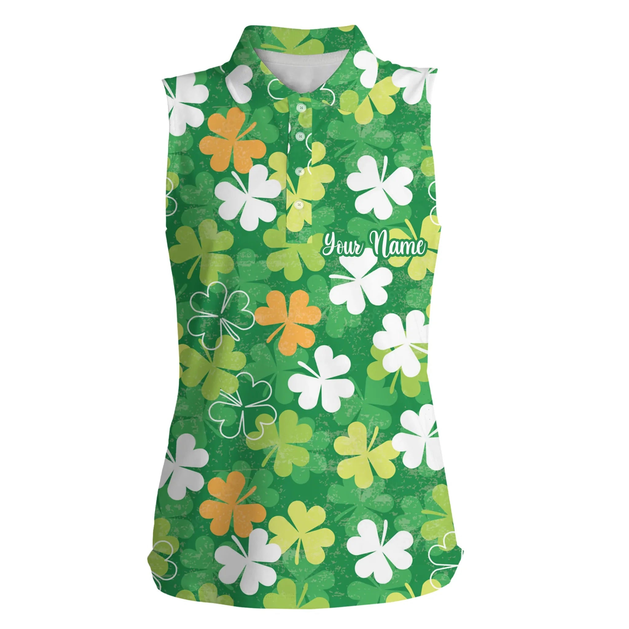 Womens sleeveless polo shirt green clover custom name St. Patrick''s Day pattern ladies golf shirt