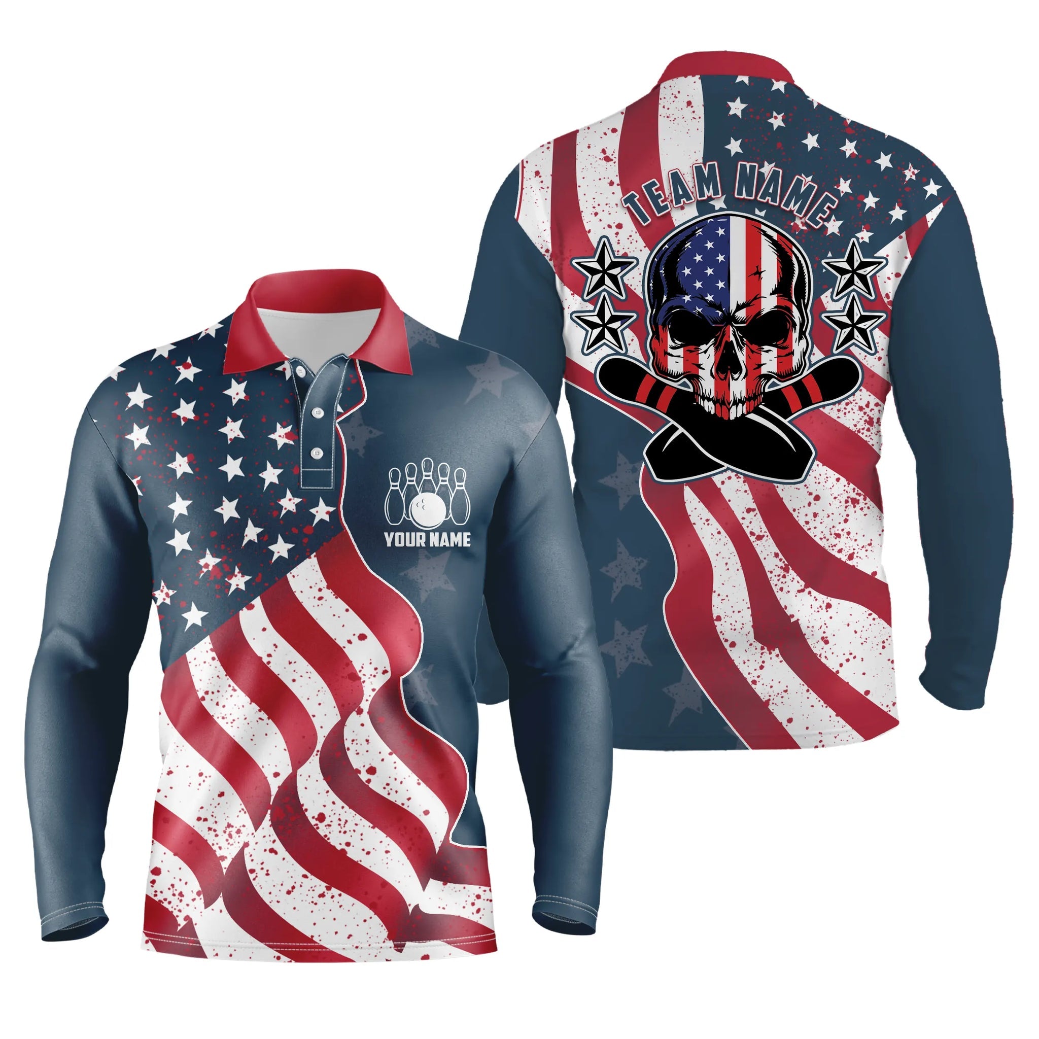 Vintage American Flag Patriotic Skull Bowling Long Sleeve Polo Shirts For Men Custom Bowling Team Jerseys