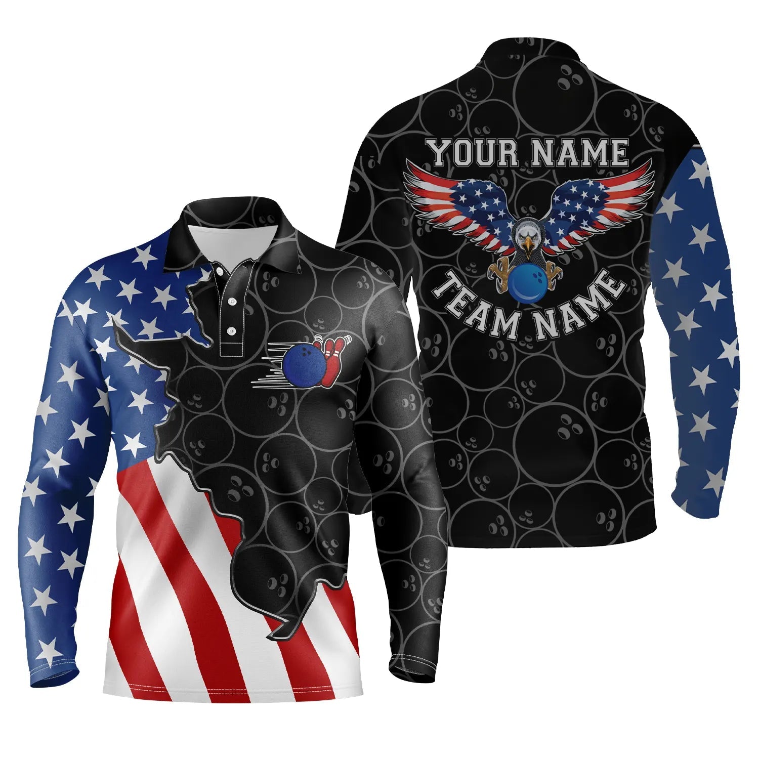 American Flag Patriotic Retro Bowling Long Sleeve Polo Shirts For Men Custom Black Pattern Bowling Team Jerseys