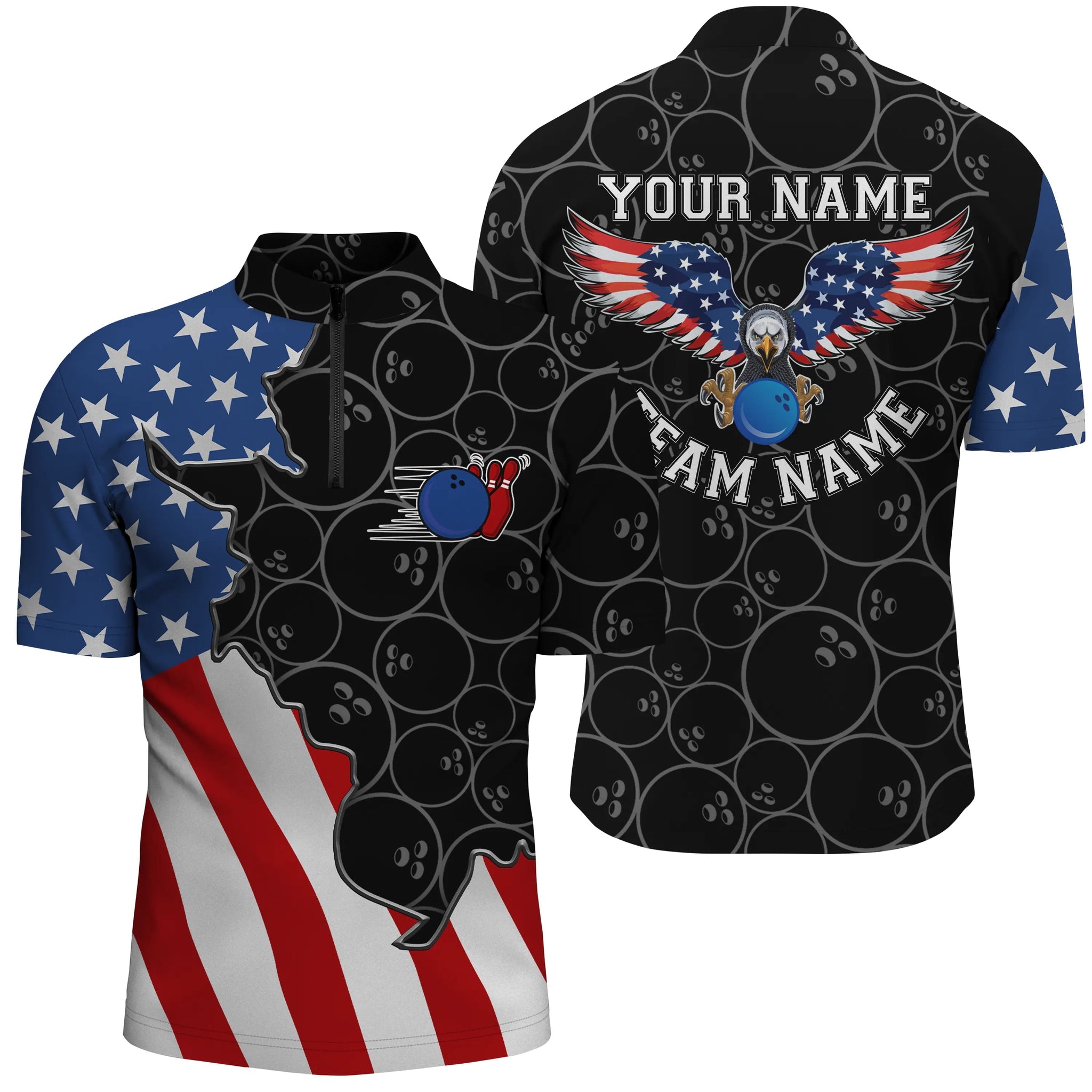 American flag patriotic retro Bowling Quarter Zip shirts for men custom black Bowling team jerseys