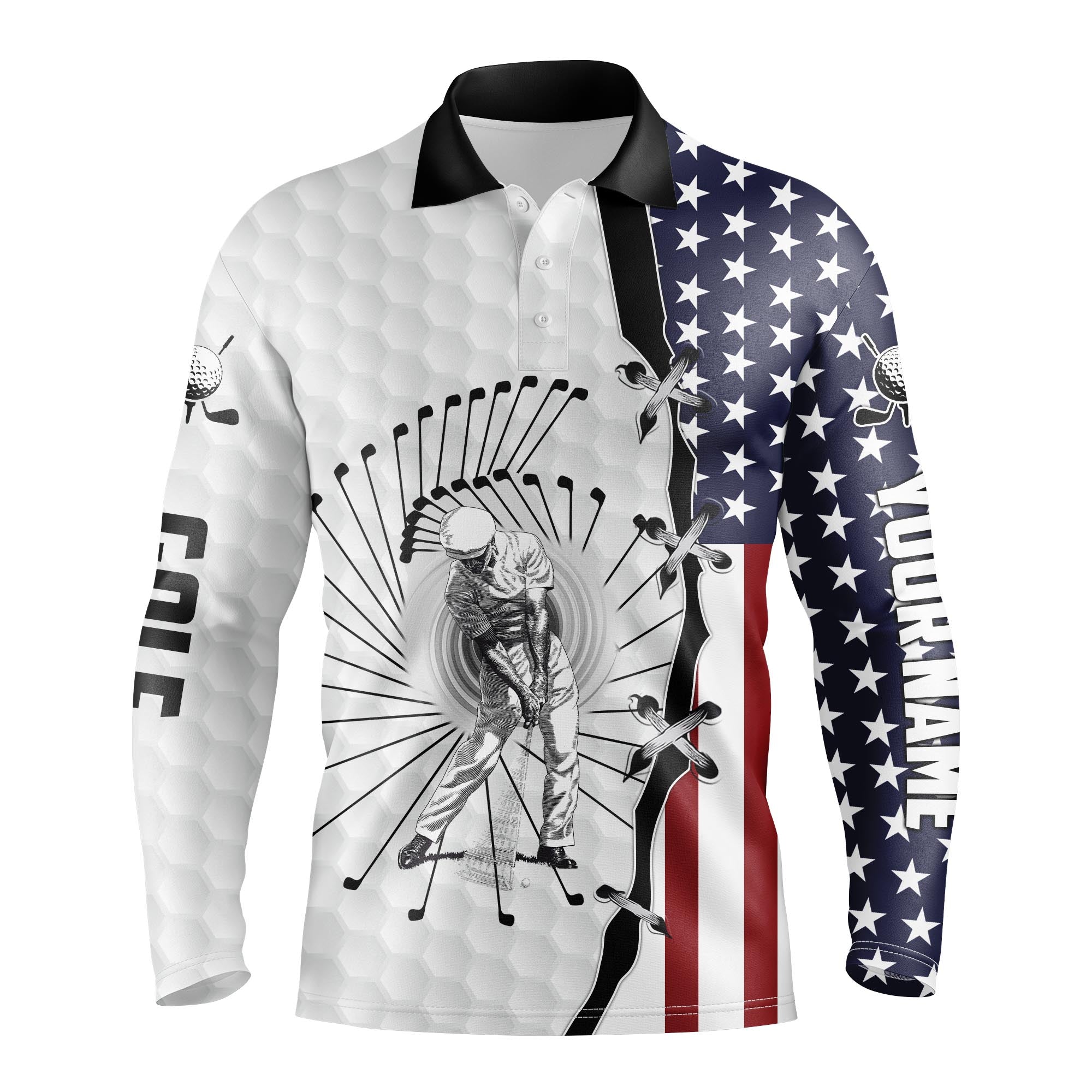 Mens Golf Long Sleeve Polo Shirt Black American Flag Patriotic Blue Camo Polo Custom Name Golfing Gifts