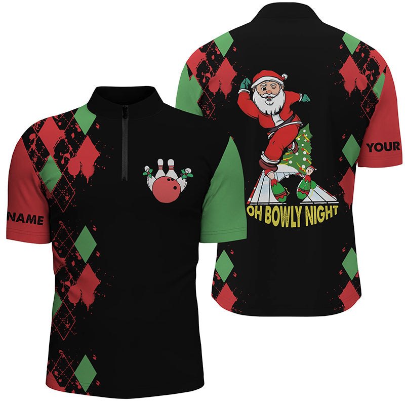 Men''s bowling shirt Quarter Zip custom name funny Santa Christmas bowling shirts oh bowly night