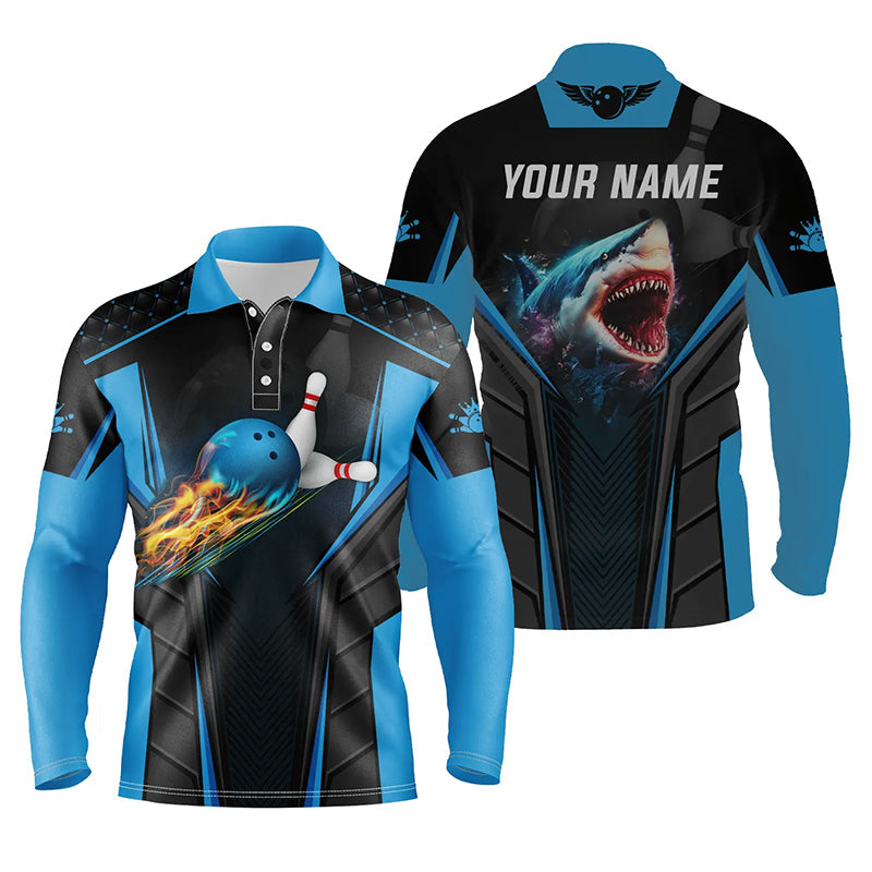 Personalized 3D Bowling Shirts For Men Custom Shark Team Blue Bowling Ball Bowling Long Sleeve Polo Shirts