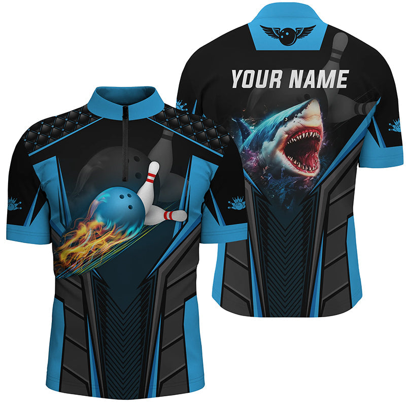 Personalized 3D bowling shirts for men Custom shark team blue bowling ball Bowling Quarter Zip Shirts