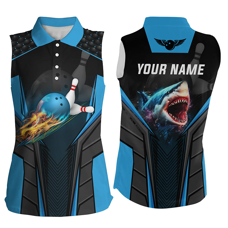 Personalized Bowling Shirt For Women Custom Shark Team Blue Bowling Ball Bowling Sleeveless Polo Shirt
