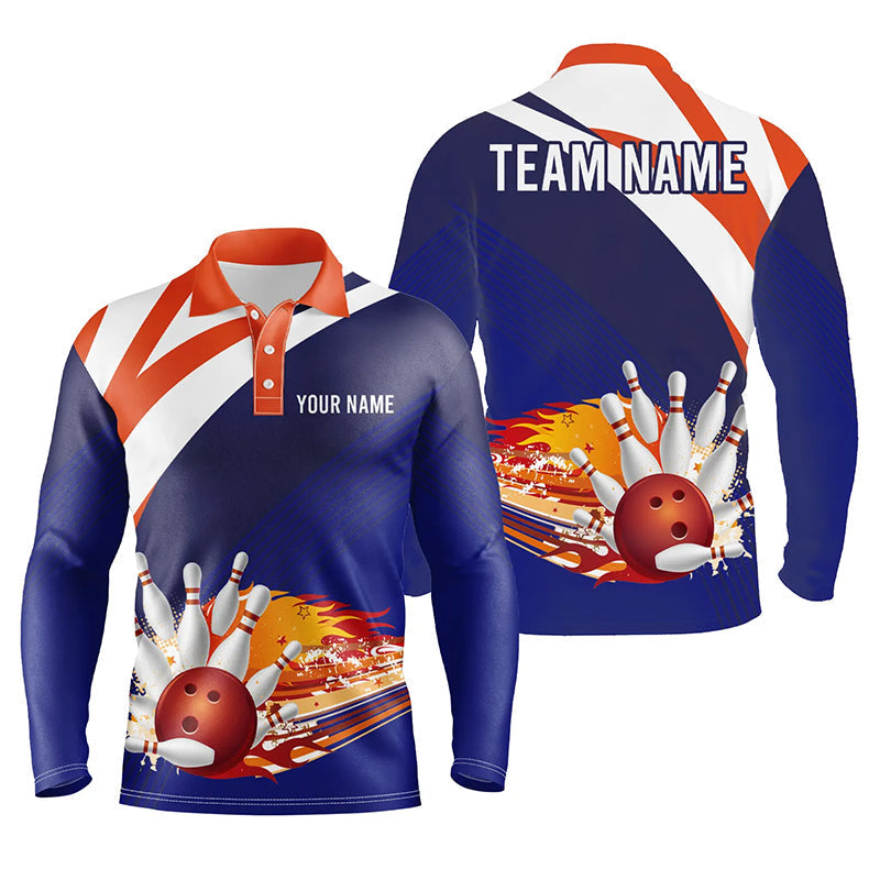 Blue And Orange Men''s Bowling Long Sleeve Polo Shirt Custom Name Men Bowlers Jersey/ Team Bowling Gifts