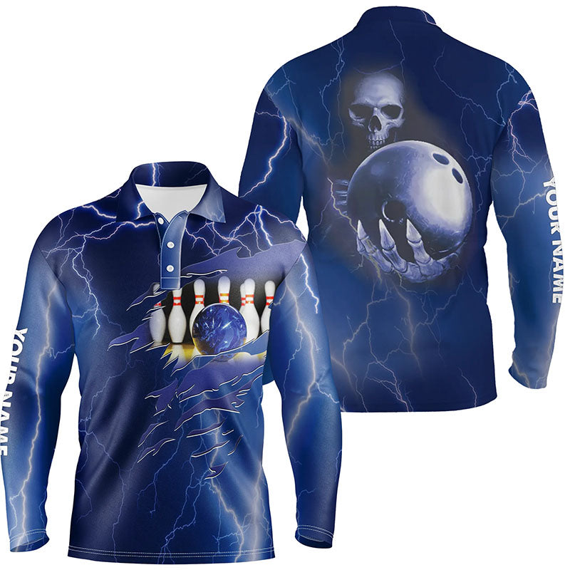 Personalized Bowling Long Sleeve Polo Shirt For Men Blue Lightning Custom Name Team Skull Bowling Jerseys