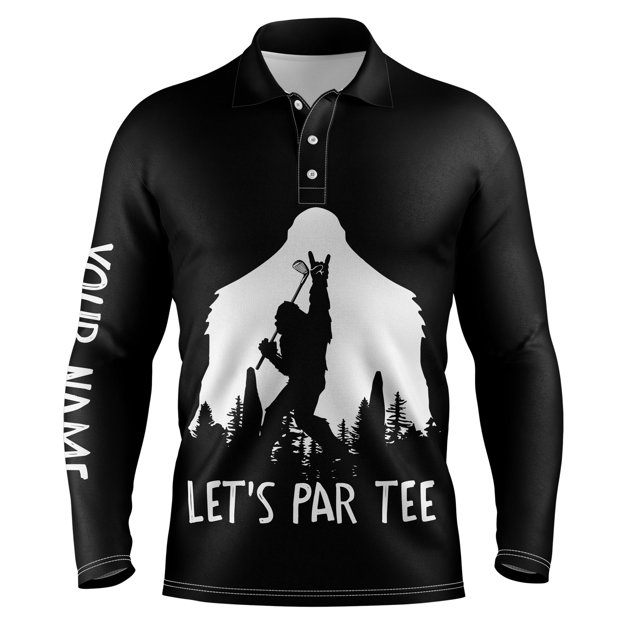 Funny Bigfoot Golf Shirts Mens Golf Long Sleeve Polo Lets Par Tee Custom Name Black Golf Shirt
