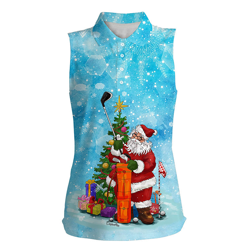 Christmas Womens sleeveless polo shirt blue snow winter Santa golfer/ Christmas golf gift for women