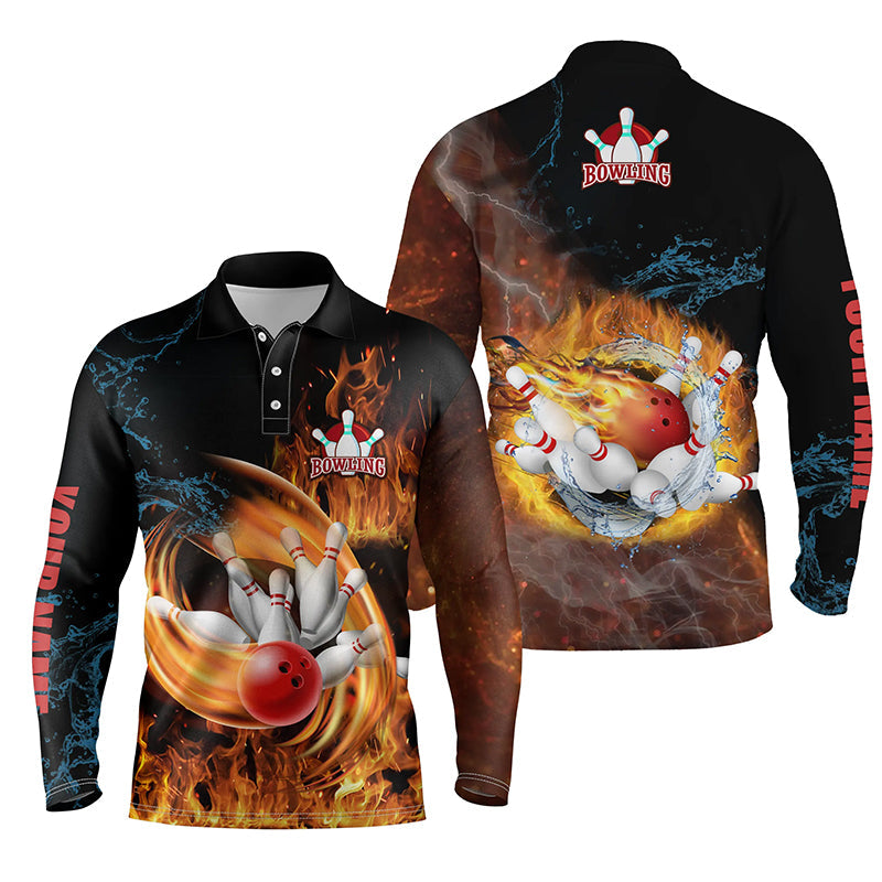Customize Bowling Shirts For Men Flame Bowling Ball And Pins Long Sleeve Polo Shirt/ Gift for Bowler